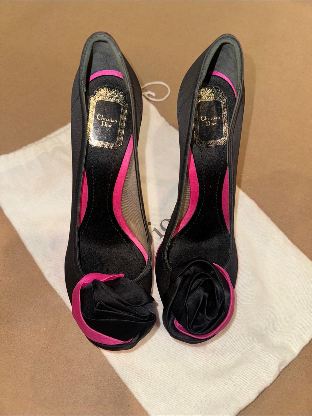 Dior Black Satin Peep-Toe Pumps with Pink Trim and Rosette